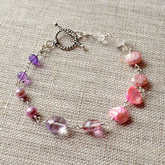 Pink and Lavender Sterling Silver Wire Wrapped Bracelet - Picture 1 of 3